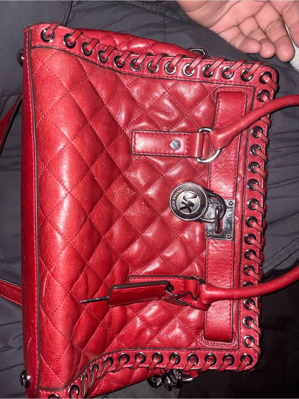 Michael Kors Red Quilted Leather Shoulder Bag with Lace-Trim Detailing